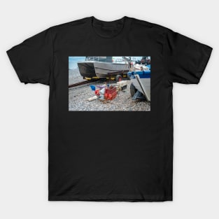 Fishing gear on the shingle beach in Cromer, Norfolk T-Shirt